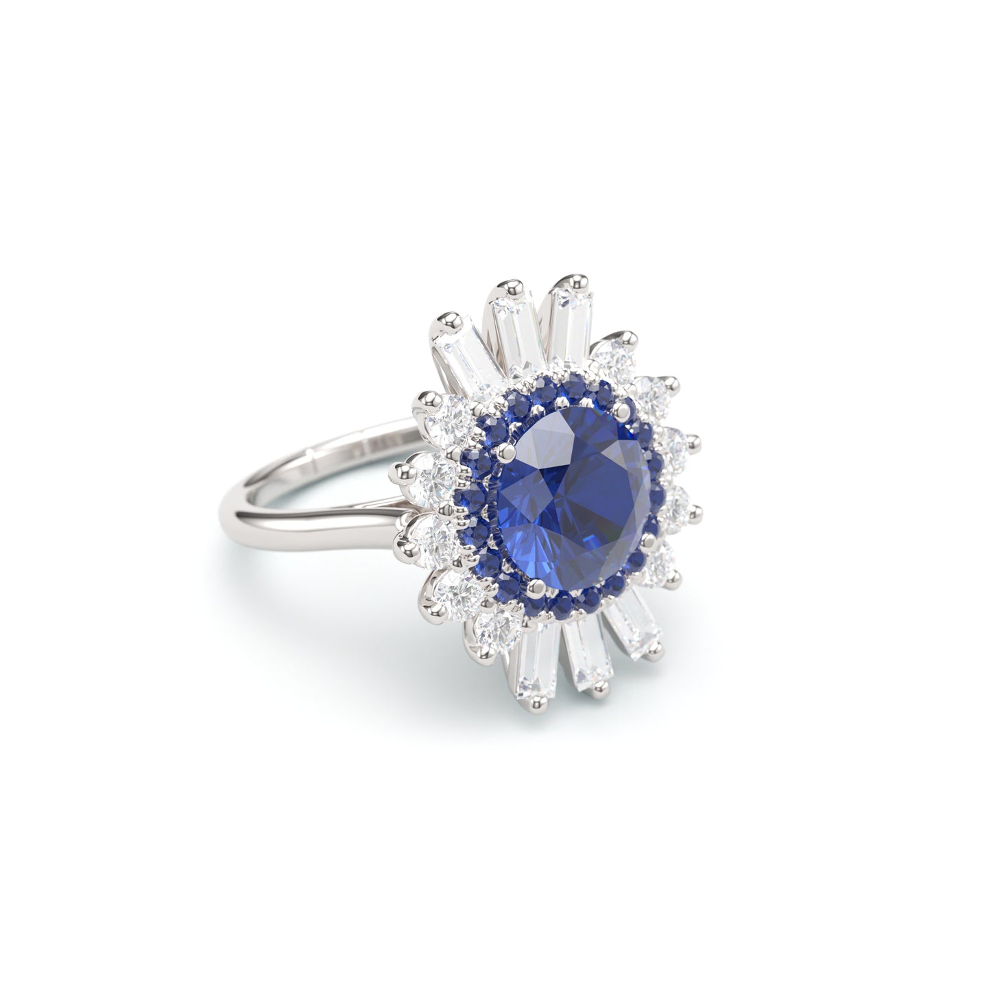 Round Sapphire on Fancy Halo with Baguettes on Classic Band