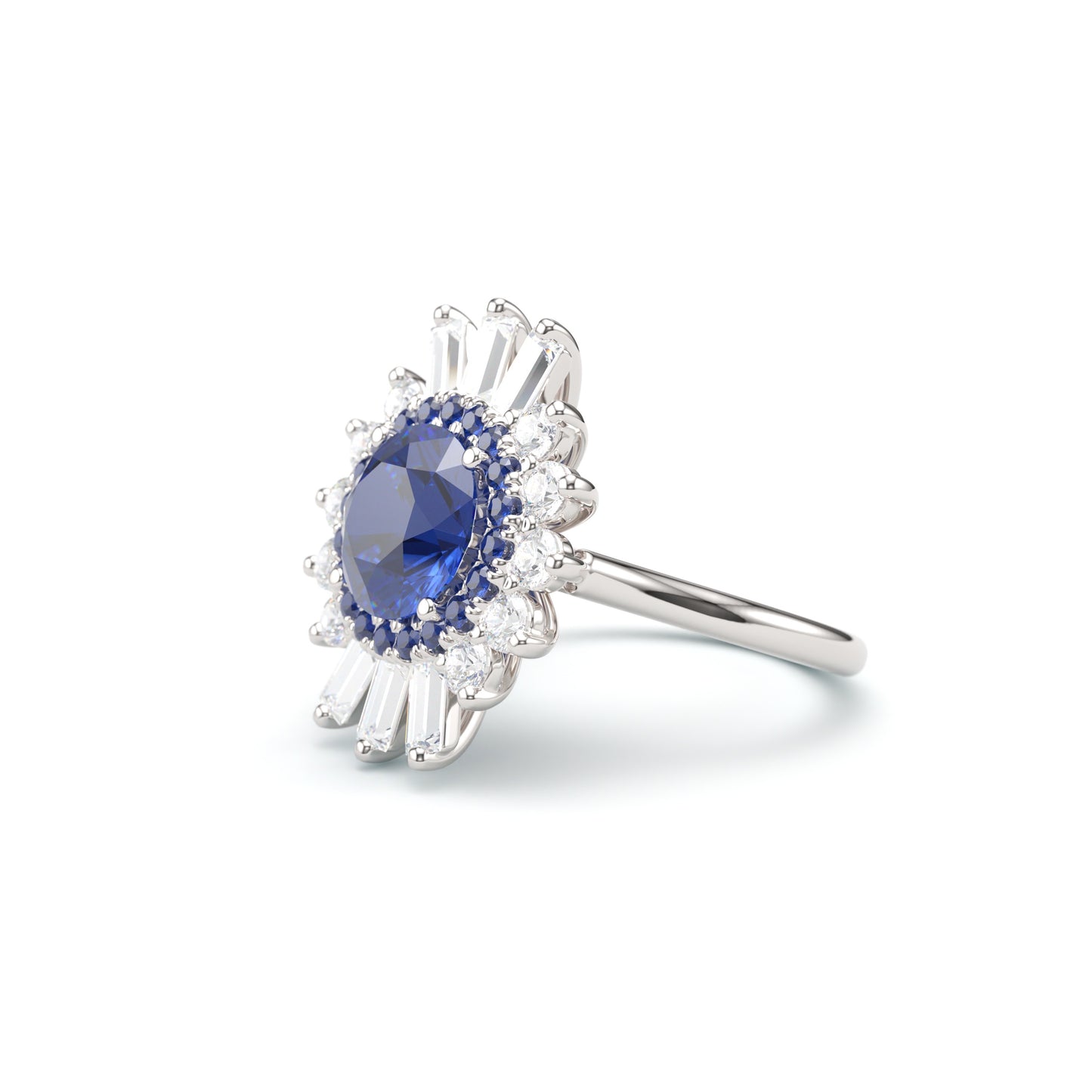 Round Sapphire on Fancy Halo with Baguettes on Classic Band