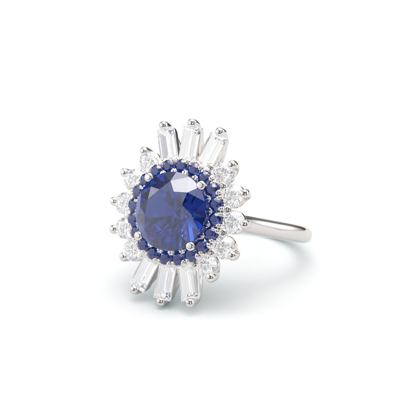 Round Sapphire on Fancy Halo with Baguettes on Classic Band
