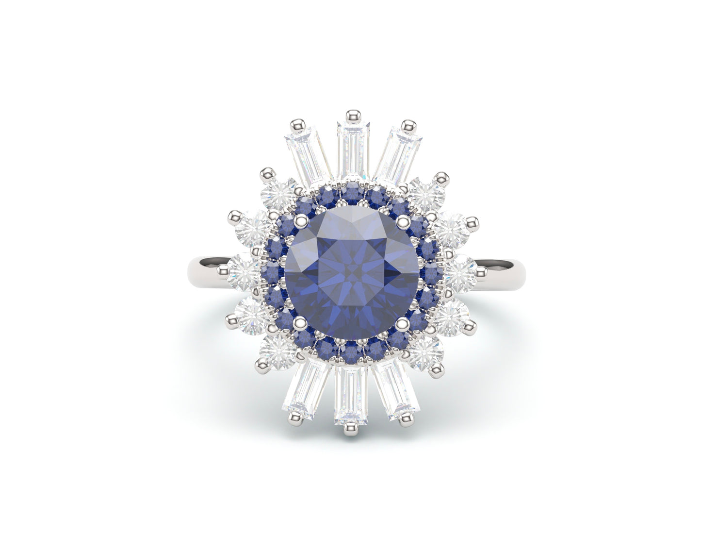 Round Sapphire on Fancy Halo with Baguettes on Classic Band