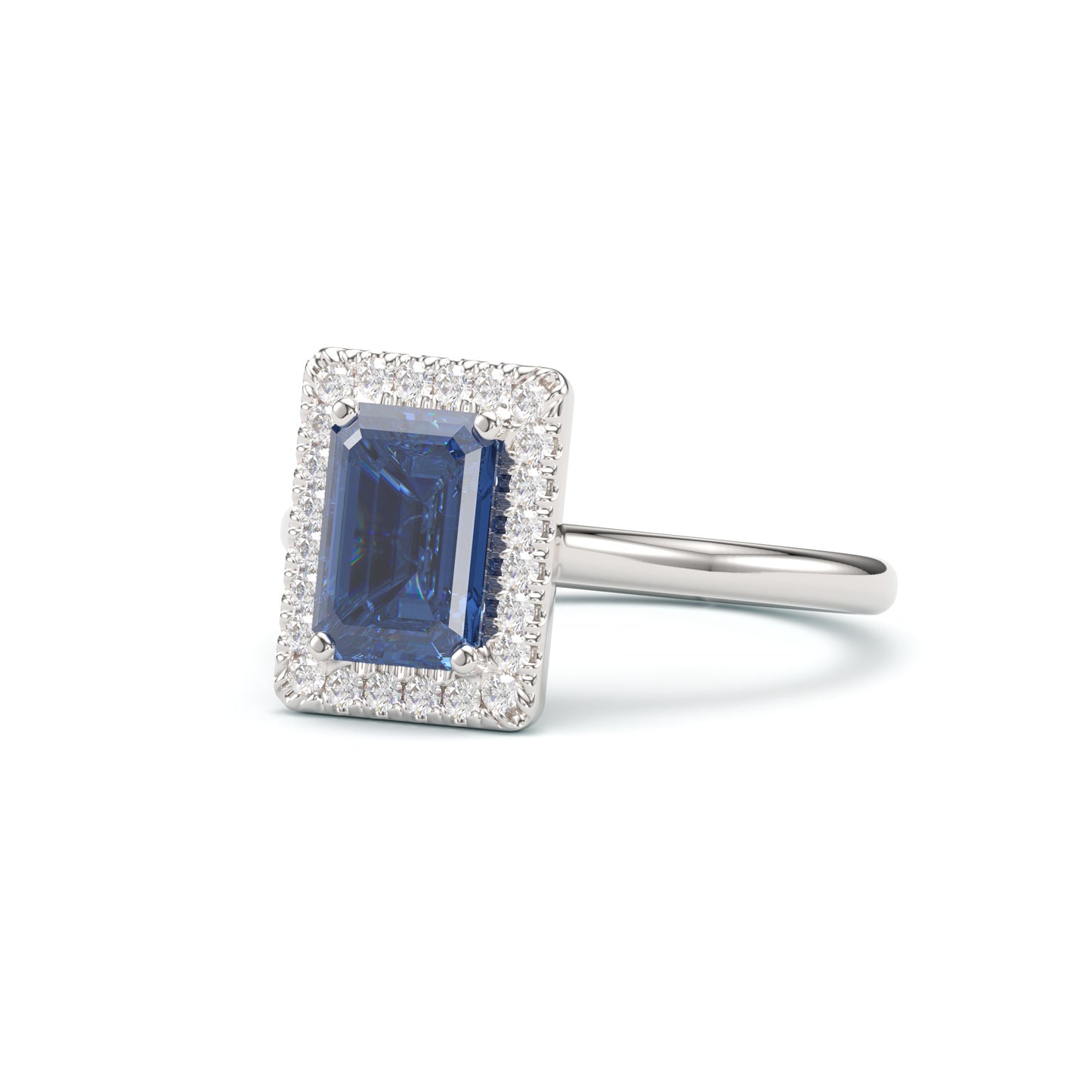 Emerald cut sapphire Halo on Classic Band