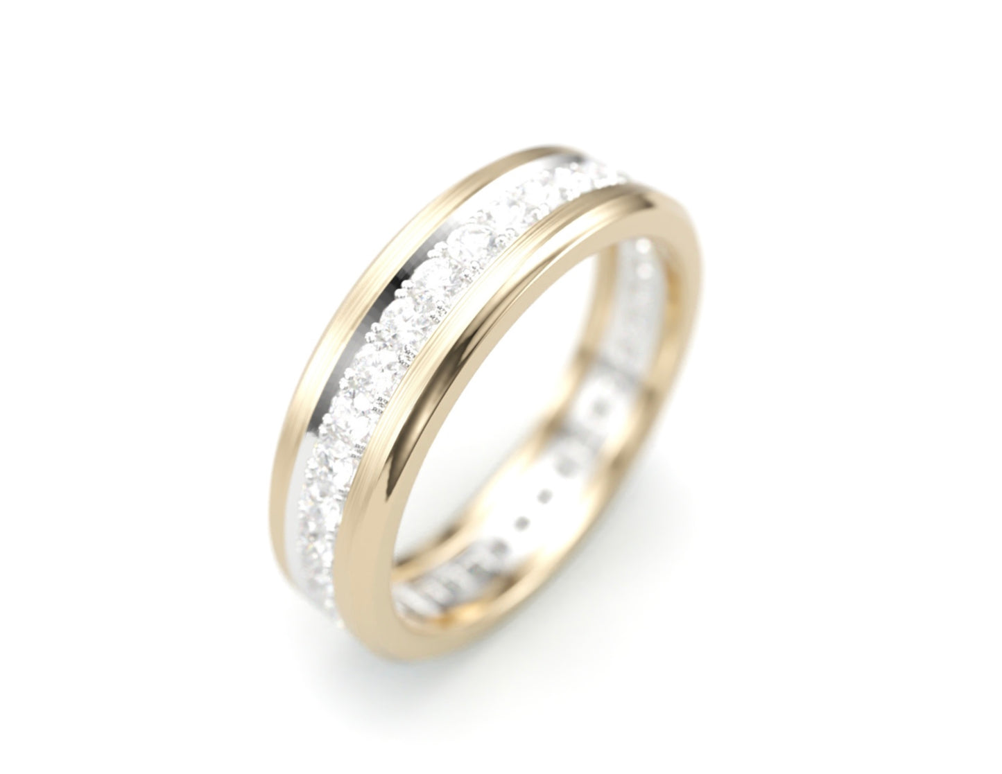 Solid Gold Wedding Band with diamonds. Two tone brushed top, sculpted edge. 6mm