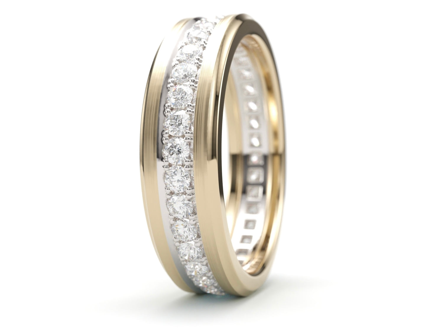Solid Gold Wedding Band with diamonds. Two tone brushed top, sculpted edge. 6mm