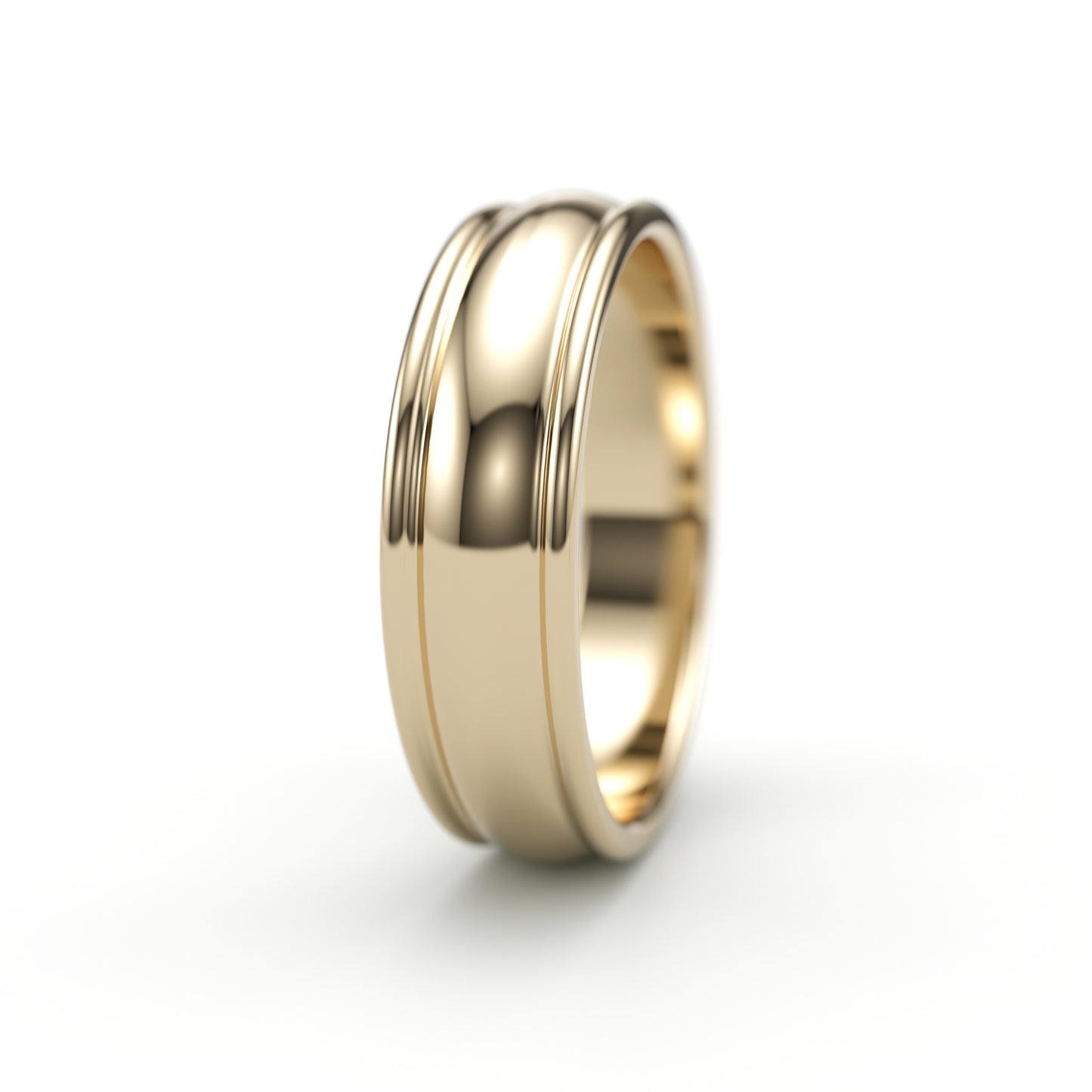 Banded edge solid gold wedding band. 6mm