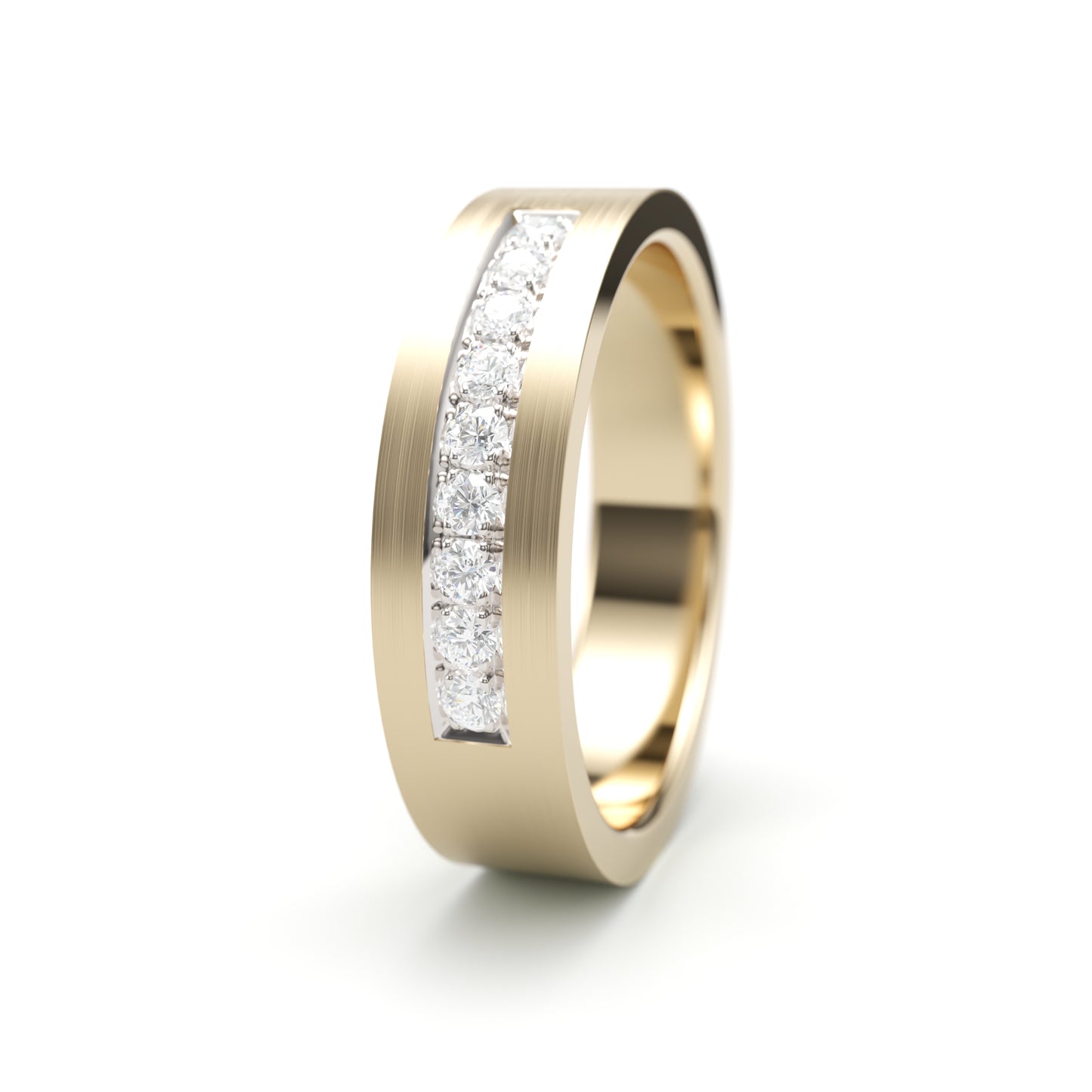 Solid Gold Wedding Band with diamonds. Two tone brushed top. 6mm