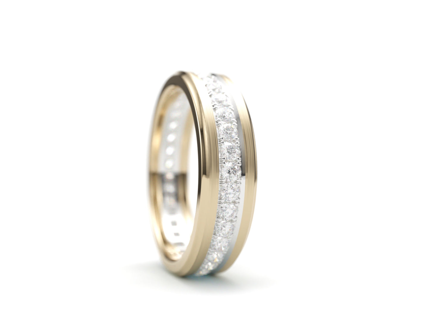 Solid Gold Wedding Band with diamonds. Two tone brushed top, sculpted edge. 6mm