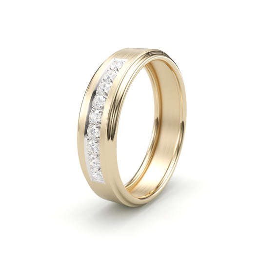 Solid Gold Wedding Band with diamonds. Two tone brushed top. Rounded edge 6mm. Comfort light build.