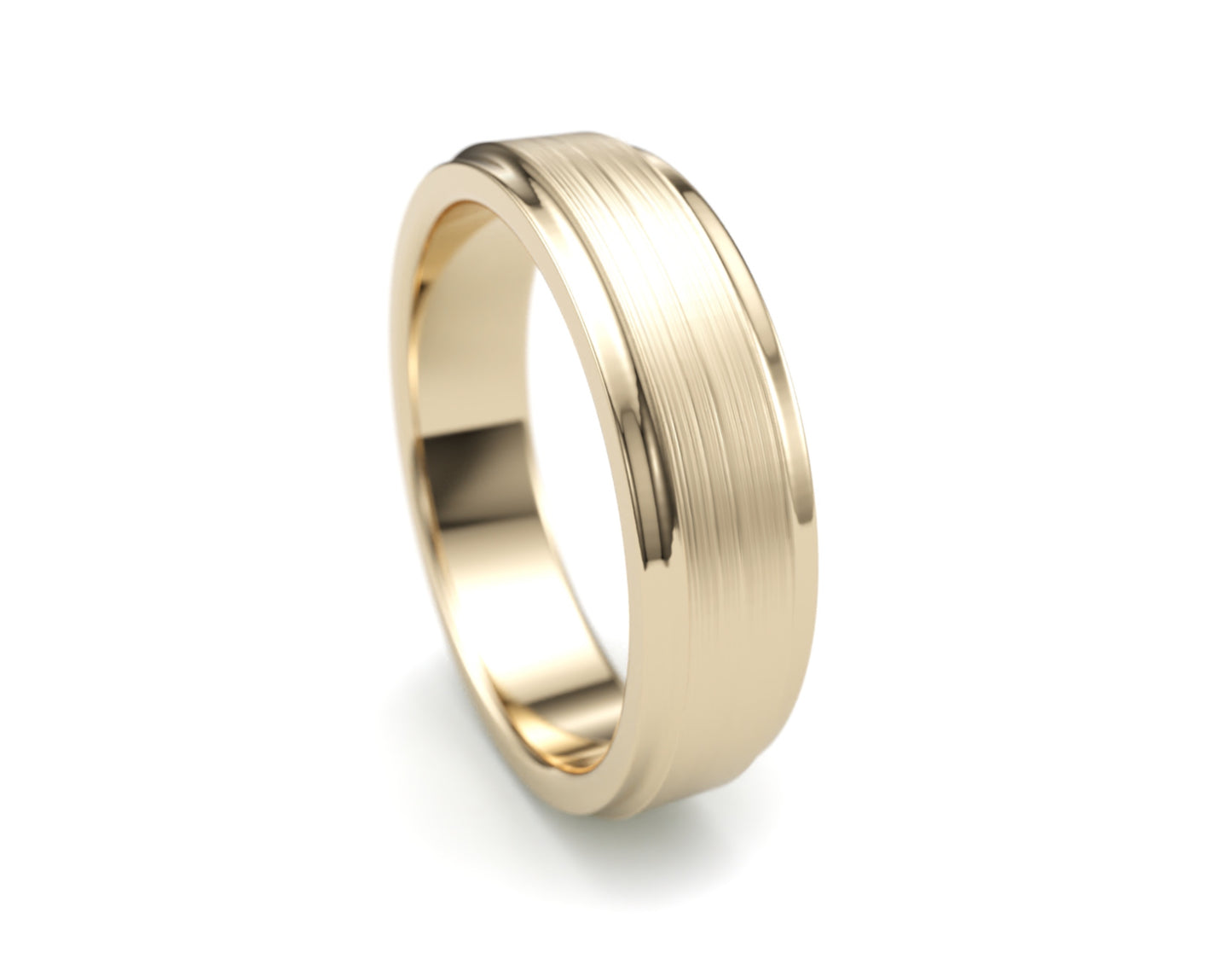 Solid Gold Wedding Band. Two tone brushed top, polished sculpted edge. 6mm