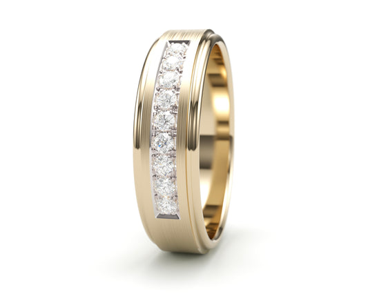 Solid Gold Wedding Band with diamonds. Two tone brushed top, sculpted edge. 6mm
