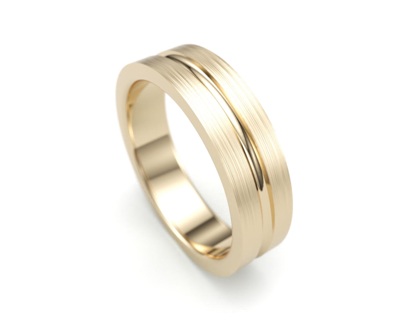 Solid Gold Wedding Band. Two tone brushed top , polished scoop finish. 6mm