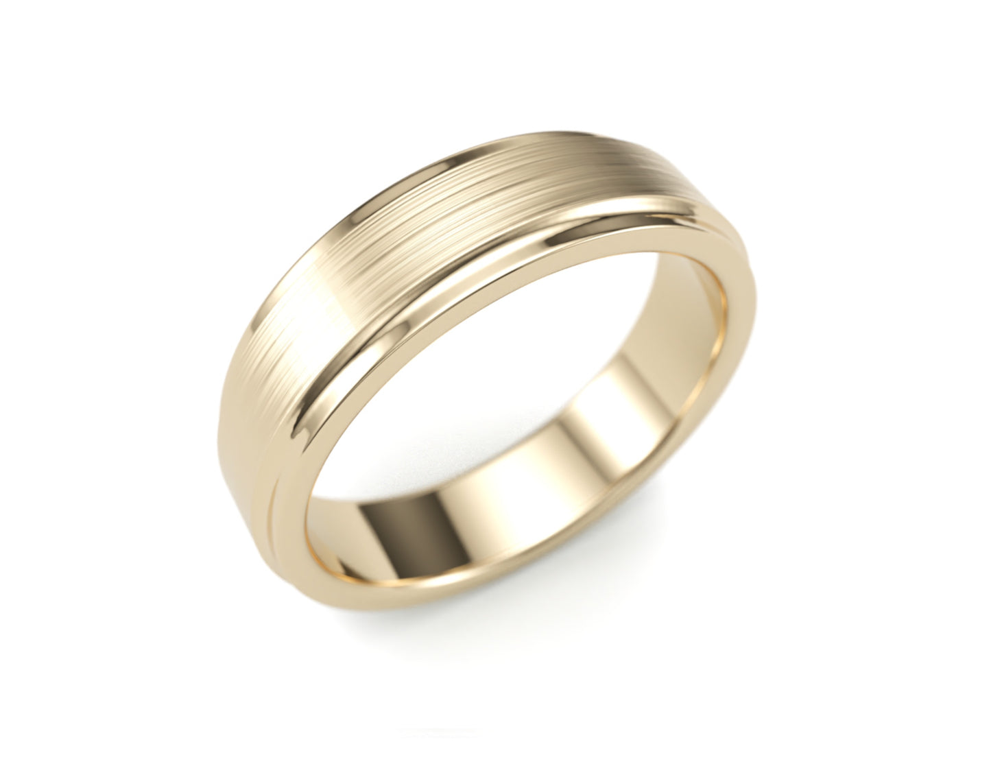 Solid Gold Wedding Band. Two tone brushed top, polished sculpted edge. 6mm