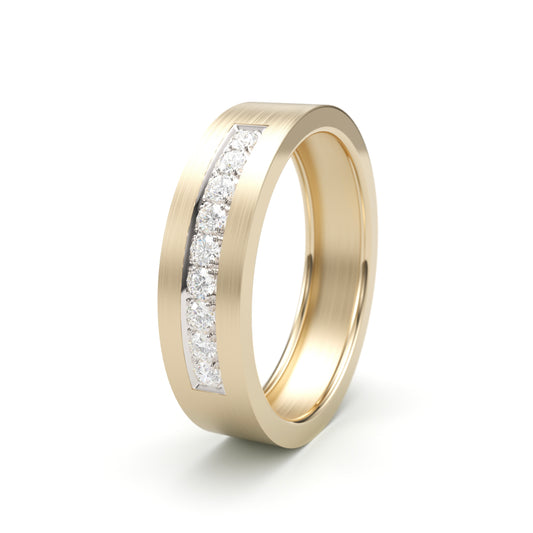 Solid Gold Wedding Band with diamonds. Two tone brushed top. 6mm. Comfort light build.