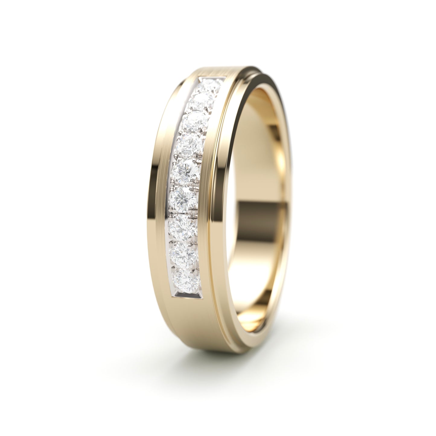 Solid Gold Wedding Band with diamonds. Two tone brushed top, straight edge. 6mm