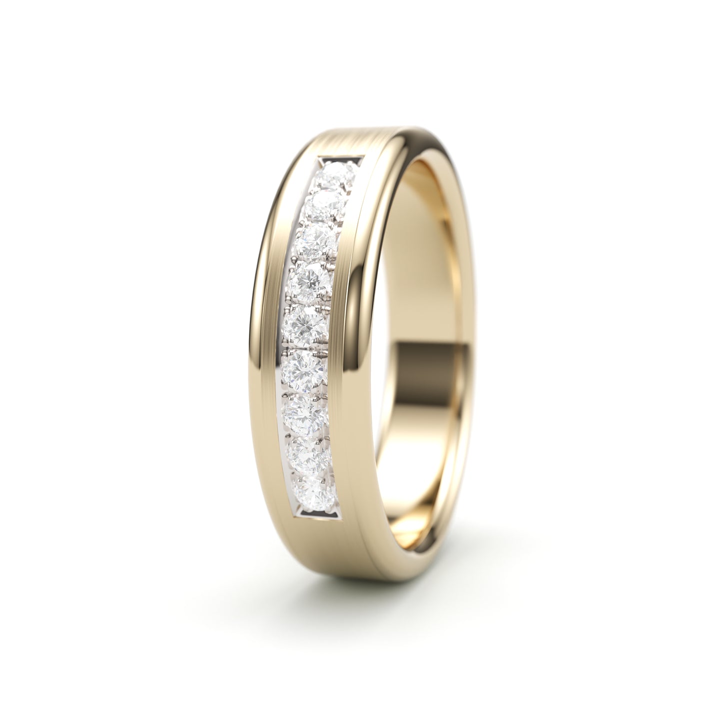 Solid Gold Wedding Band with diamonds. Two tone brushed top. Round edge 6mm
