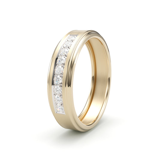 Solid Gold Wedding Band with diamonds. Two tone brushed top. Sculpted edge 6mm. Comfort light build.