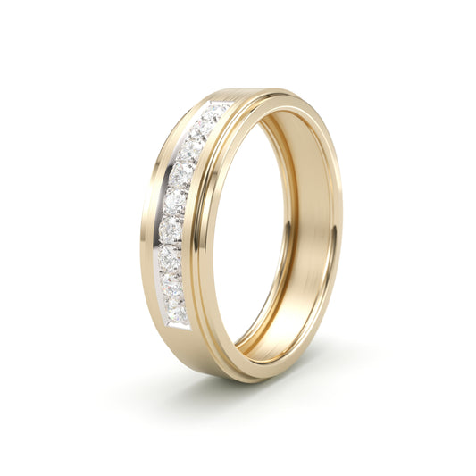 Solid Gold Wedding Band with diamonds. Two tone brushed top. Straight edge 6mm. Comfort light build.