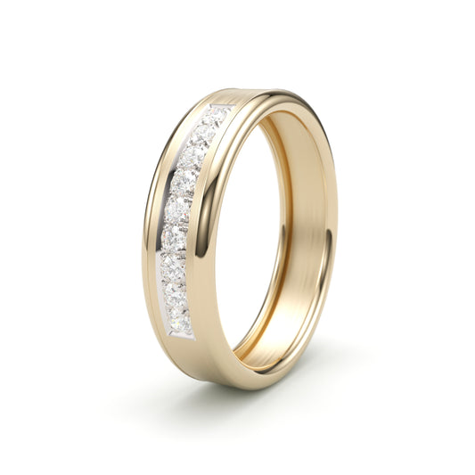 Solid Gold Wedding Band with diamonds. Two tone brushed top. Round edge 6mm. Comfort light build.