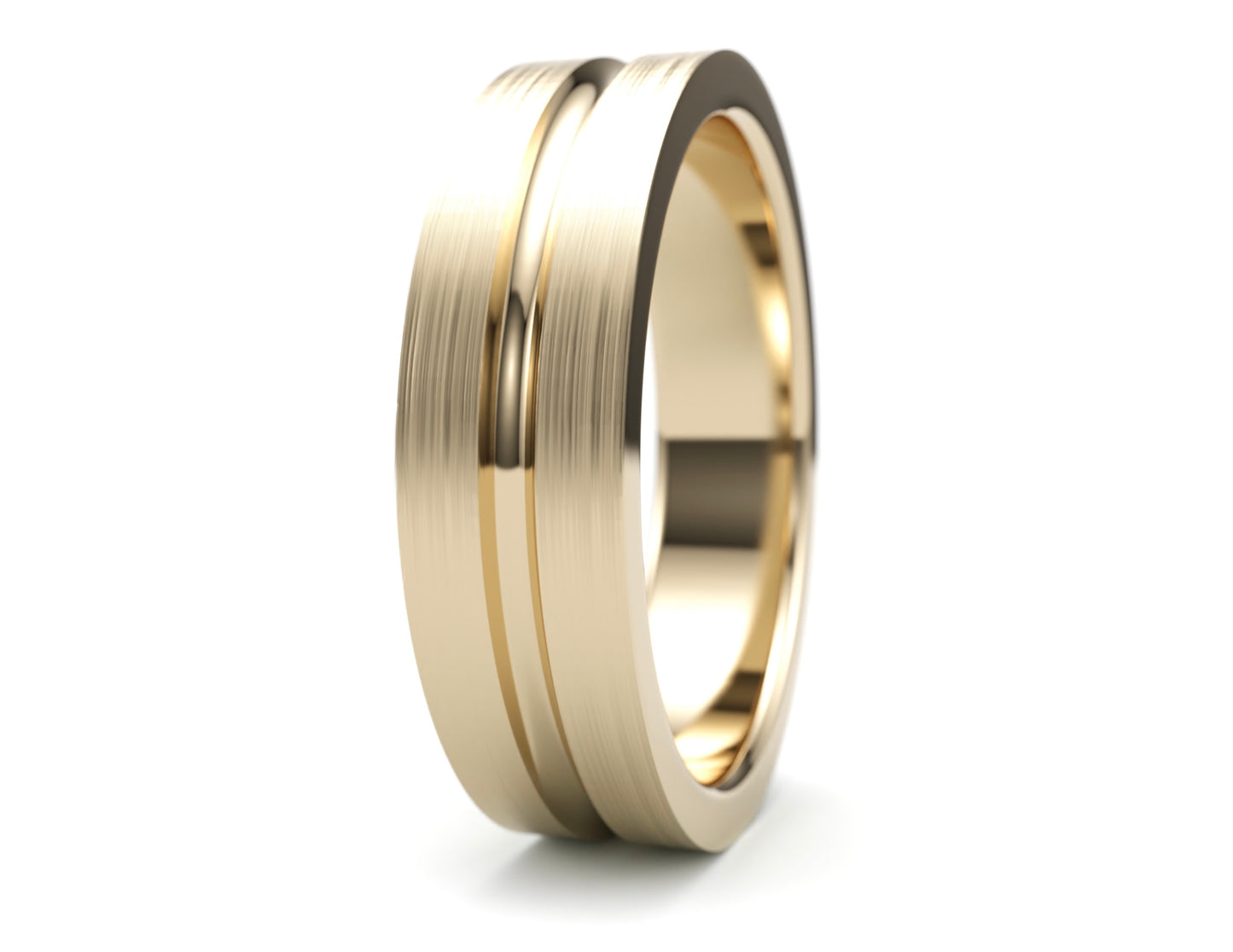 Solid Gold Wedding Band. Two tone brushed top , polished scoop finish. 6mm