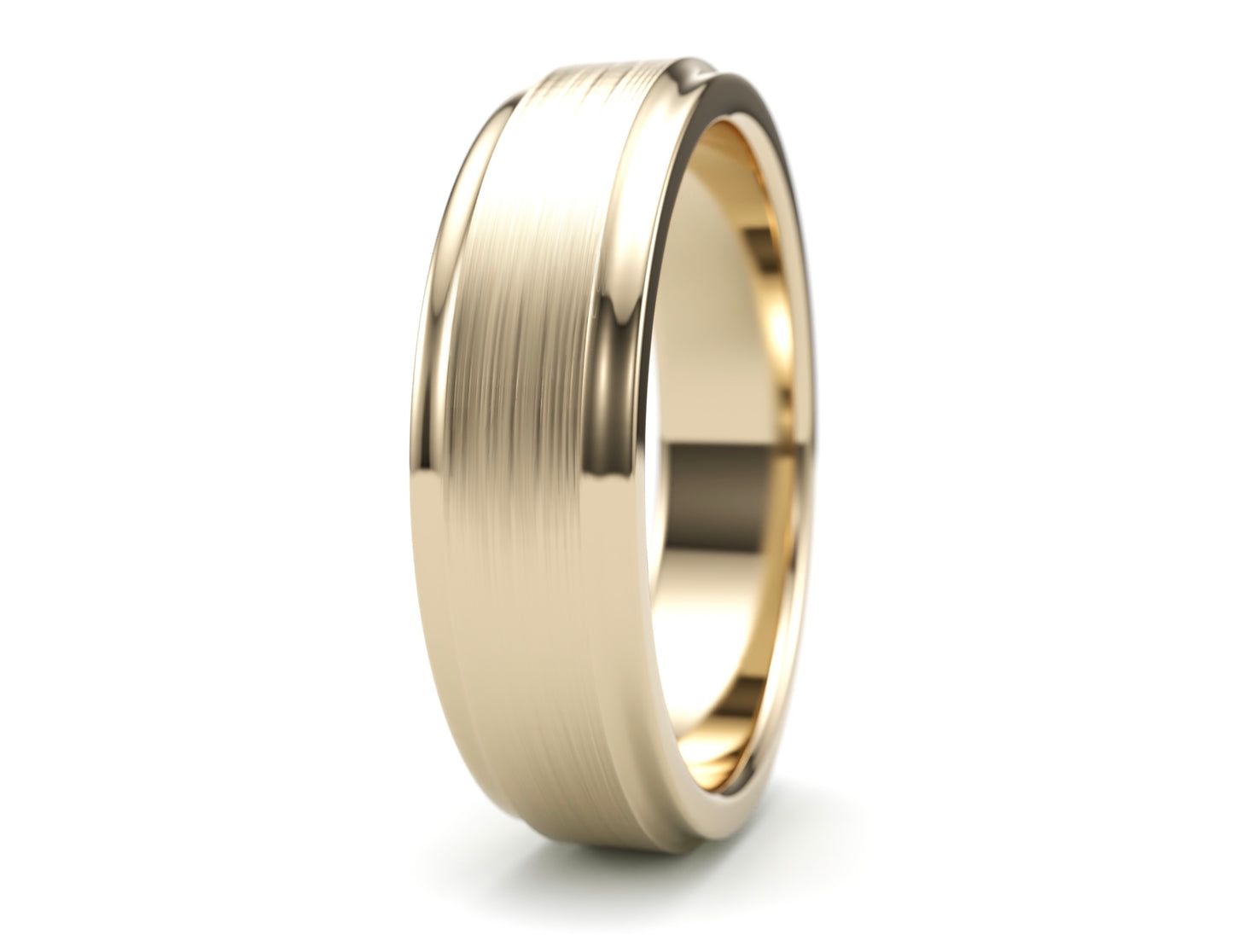 Solid Gold Wedding Band. Two tone brushed top, polished sculpted edge. 6mm