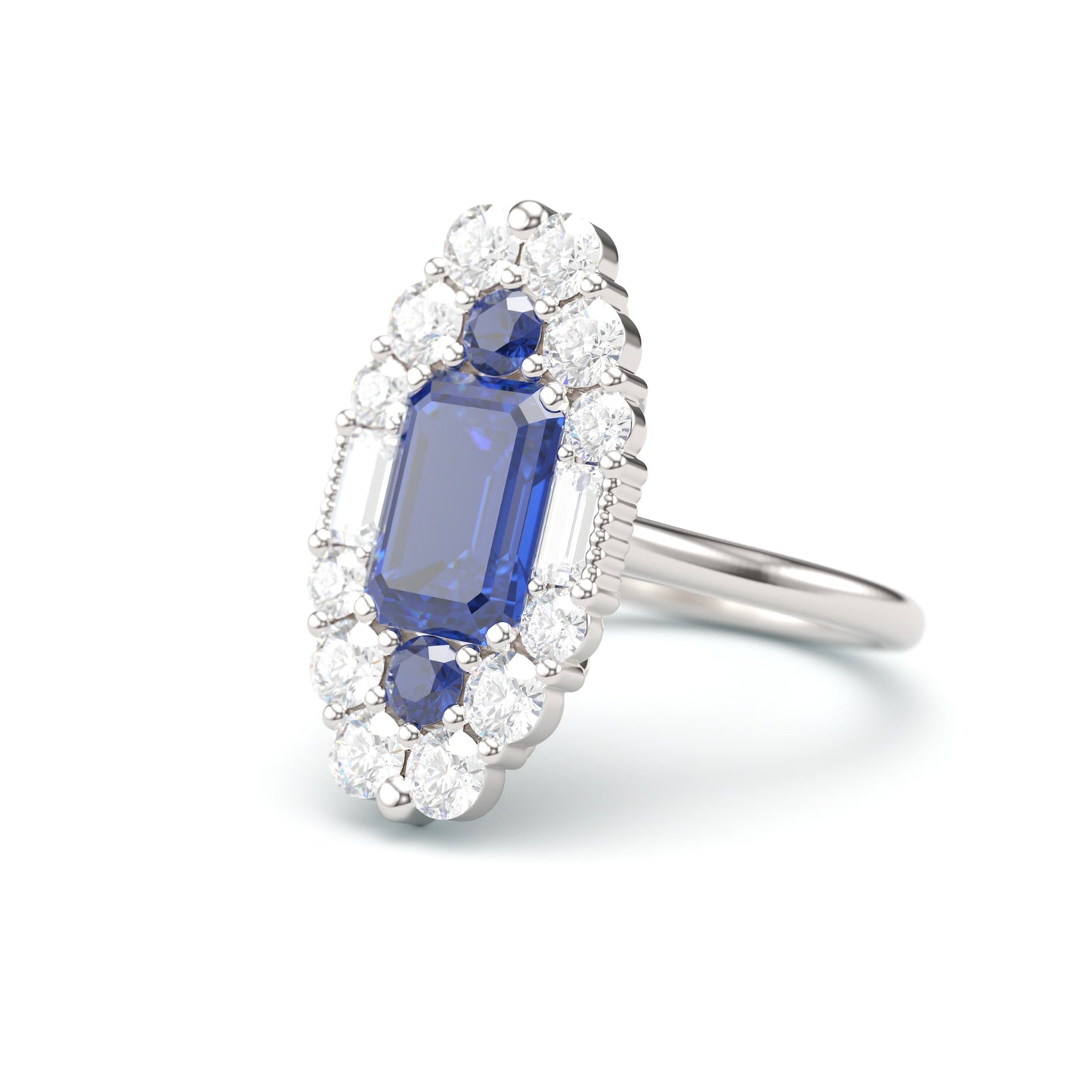 Fancy Emerald Cut Sapphire large Halo on Classic Band