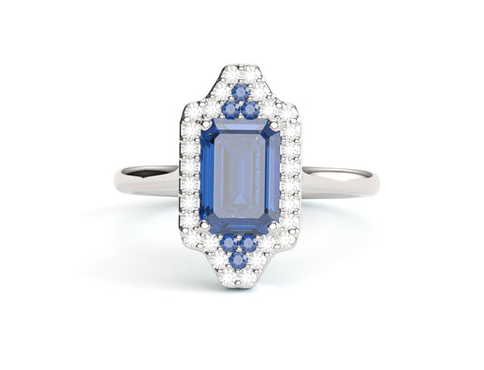 Fancy Emerald cut sapphire Halo on Classic Band