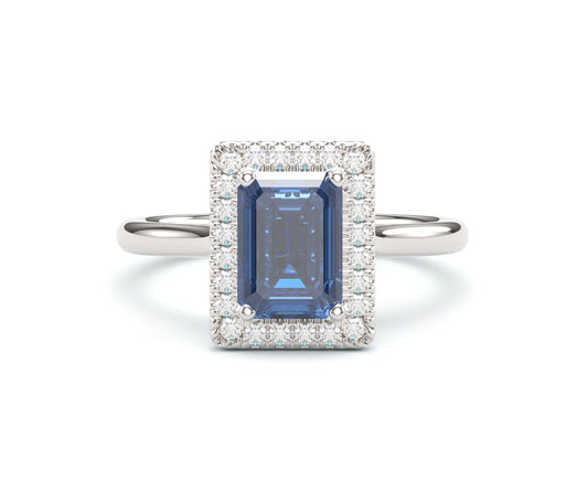 Emerald cut sapphire Halo on Classic Band