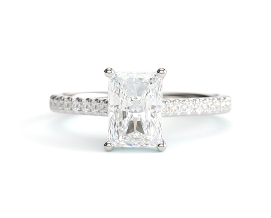 Radiant Solitaire on a Classic Pave Diamond Band.