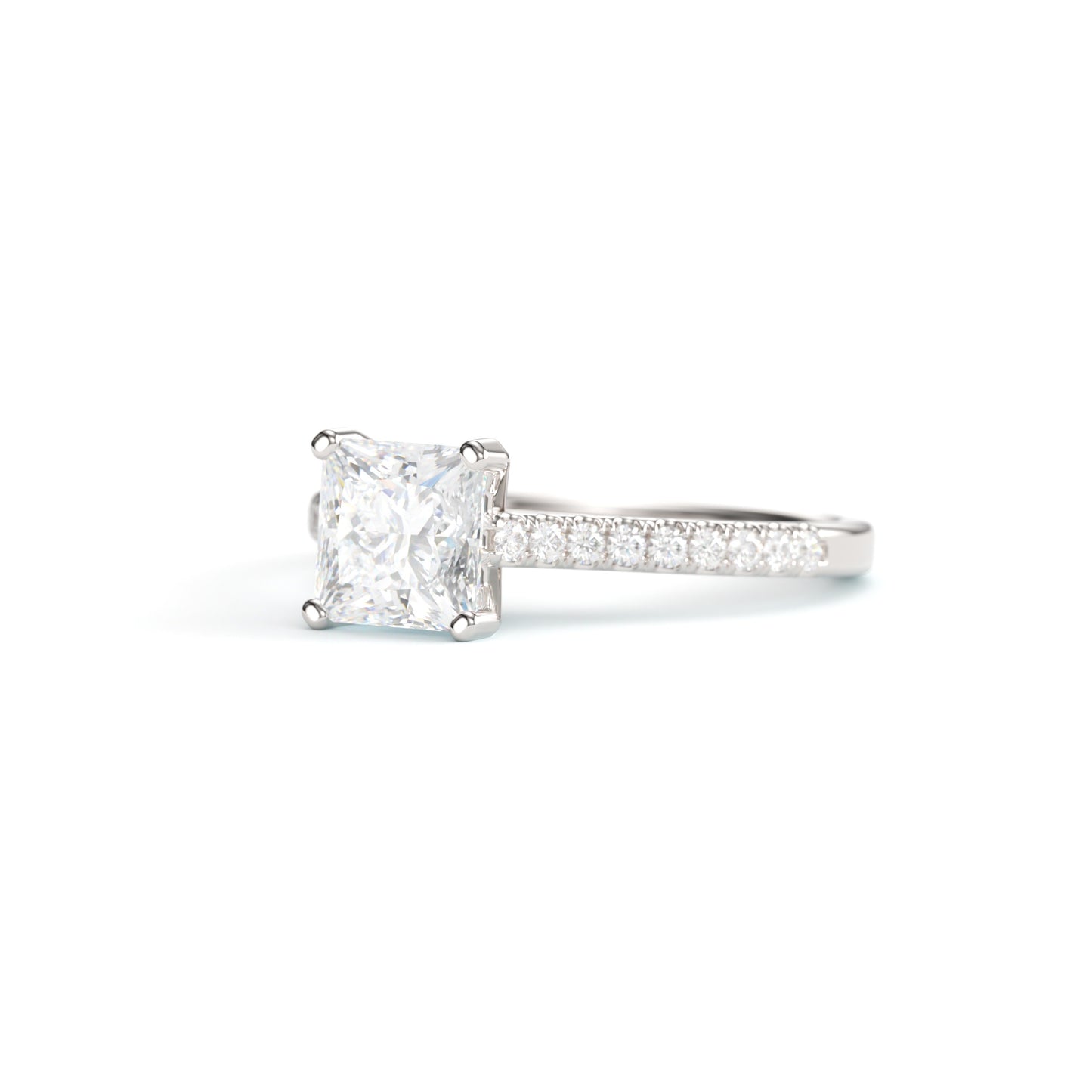 Princess Solitaire on a Classic Pave Diamond Band.