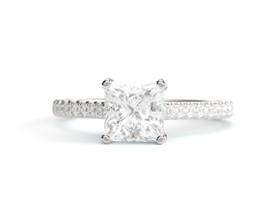 Princess Solitaire on a Classic Pave Diamond Band.