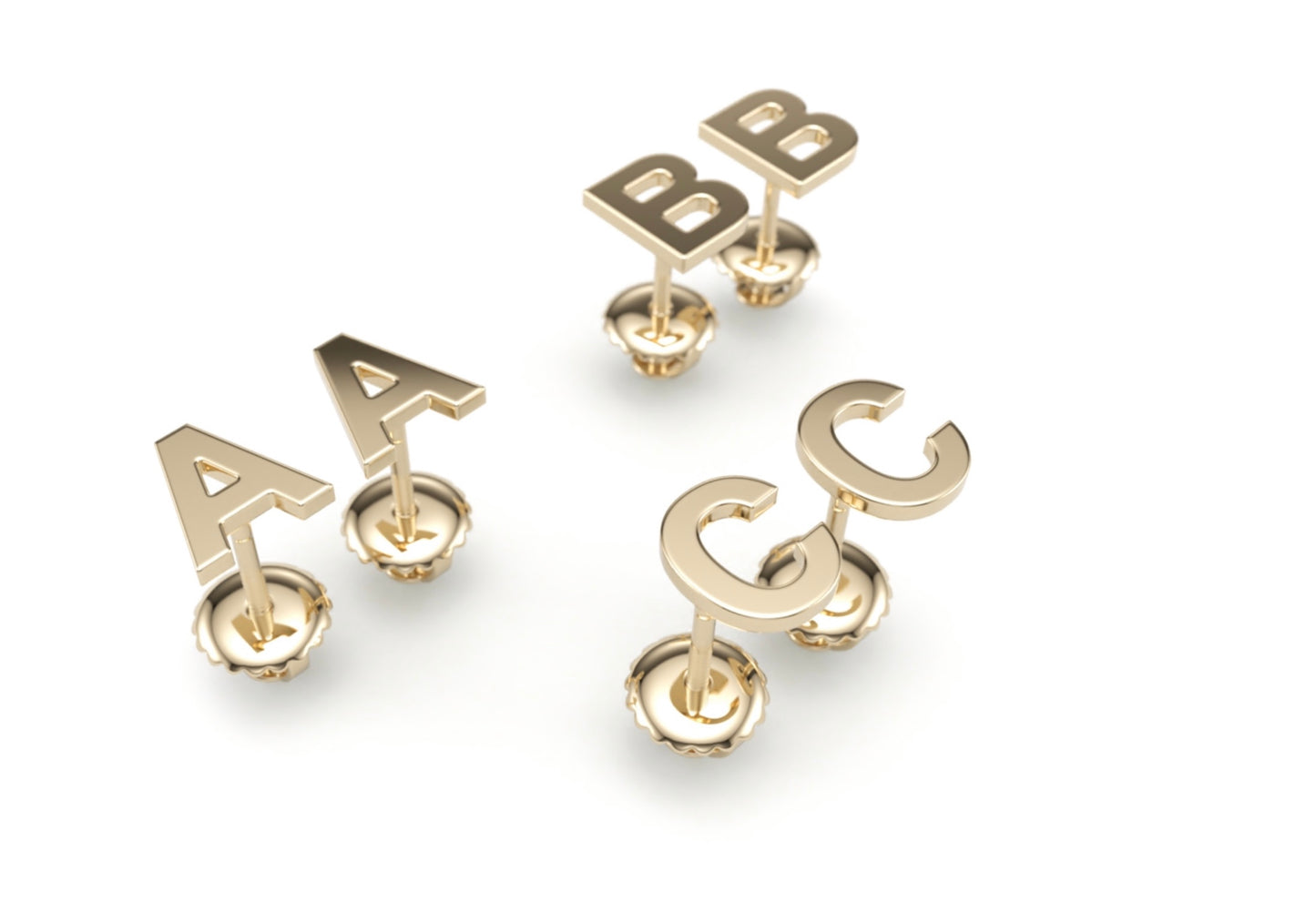 Initial Stud Earrings. Solid Gold. Push Back