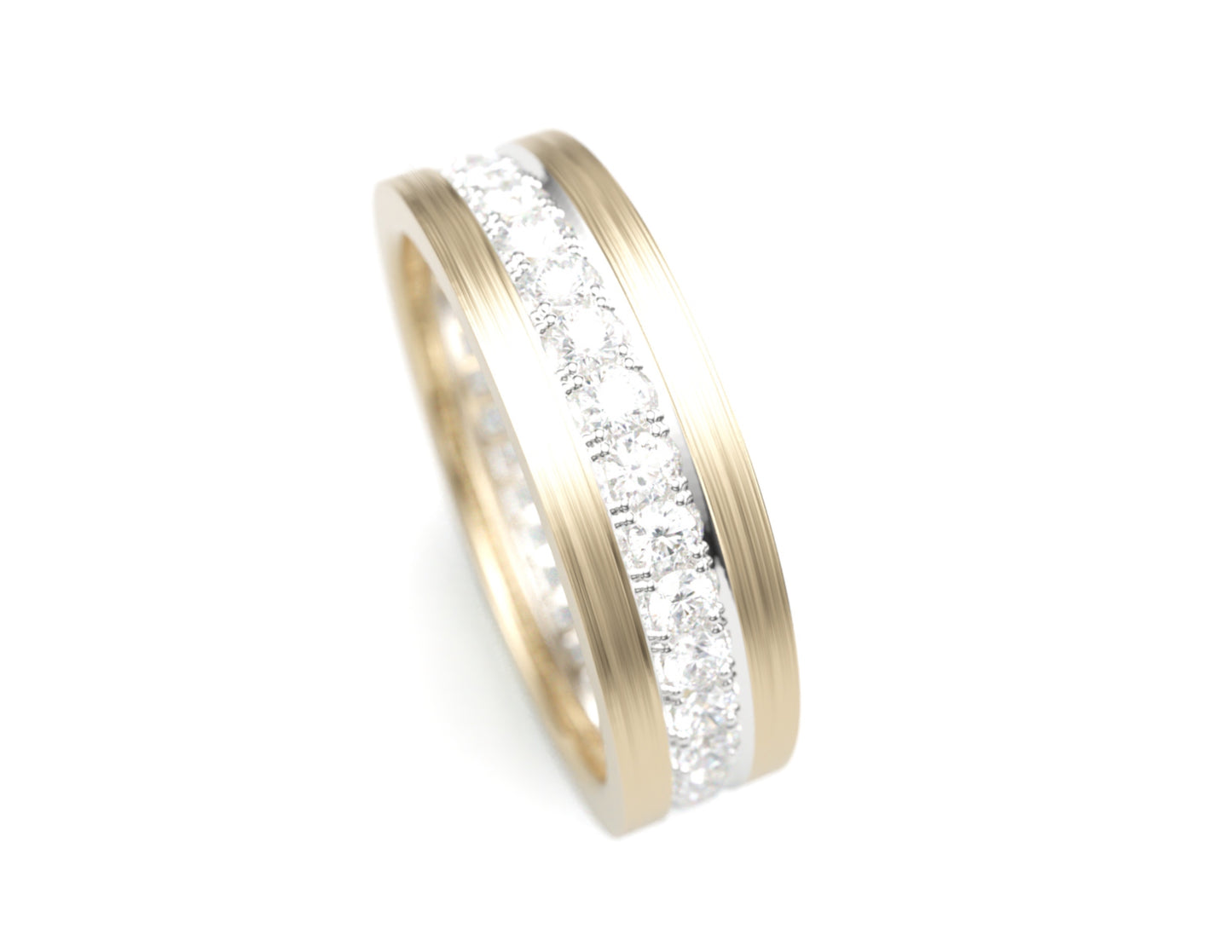 Solid Gold Wedding Band with diamonds. Two tone brushed top, polished edge. 6mm