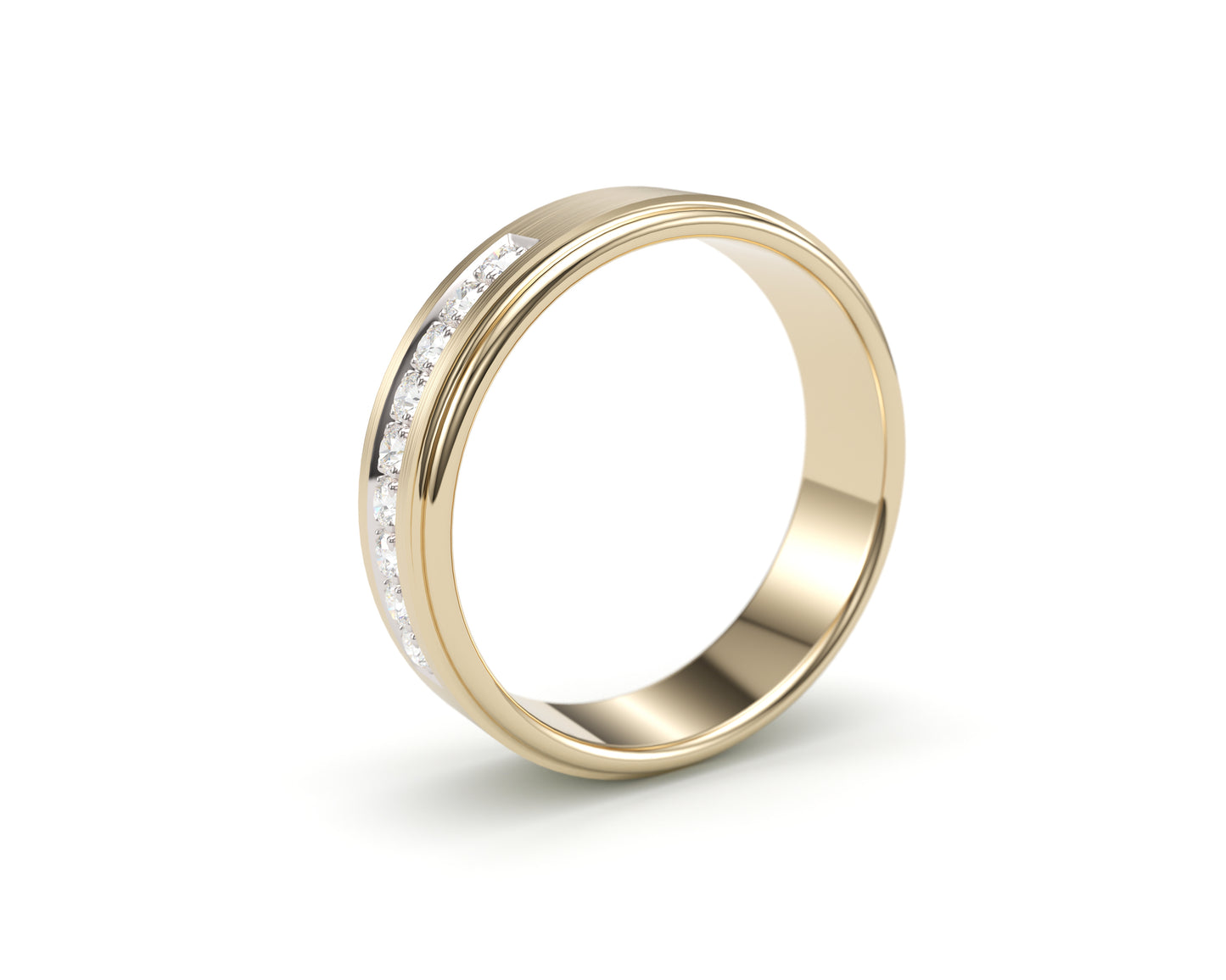 Solid Gold Wedding Band with diamonds. Two tone brushed top, sculpted edge. 6mm