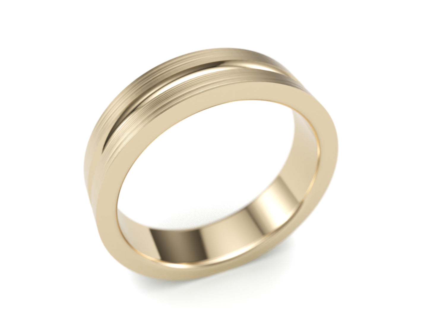 Solid Gold Wedding Band. Two tone brushed top , polished scoop finish. 6mm