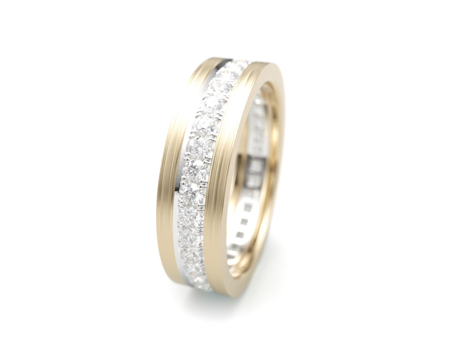 Solid Gold Wedding Band with diamonds. Two tone brushed top, polished edge. 6mm