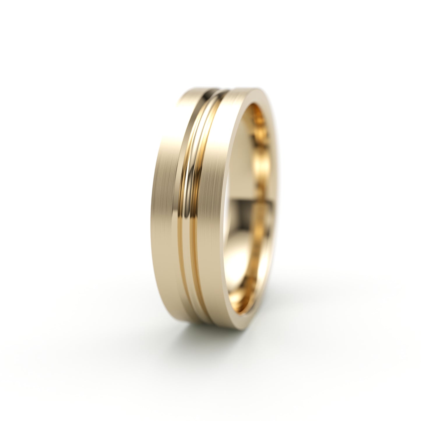 Double Brushed sculpted solid gold wedding band. 6mm