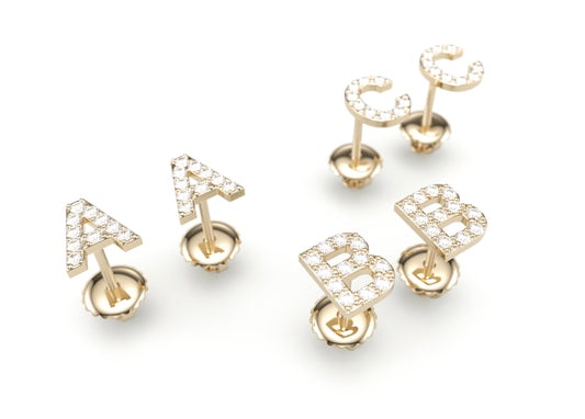 Diamond Initial Stud Earrings. Push Back