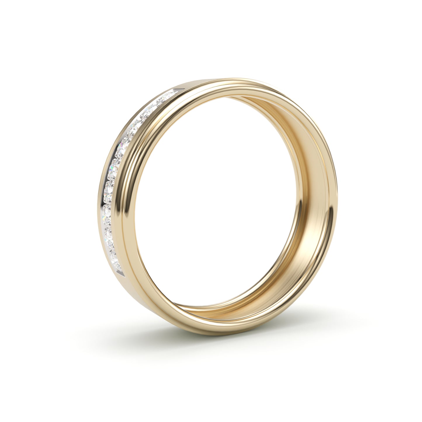 Solid Gold Wedding Band with diamonds. Two tone brushed top. Rounded edge 6mm. Comfort light build.