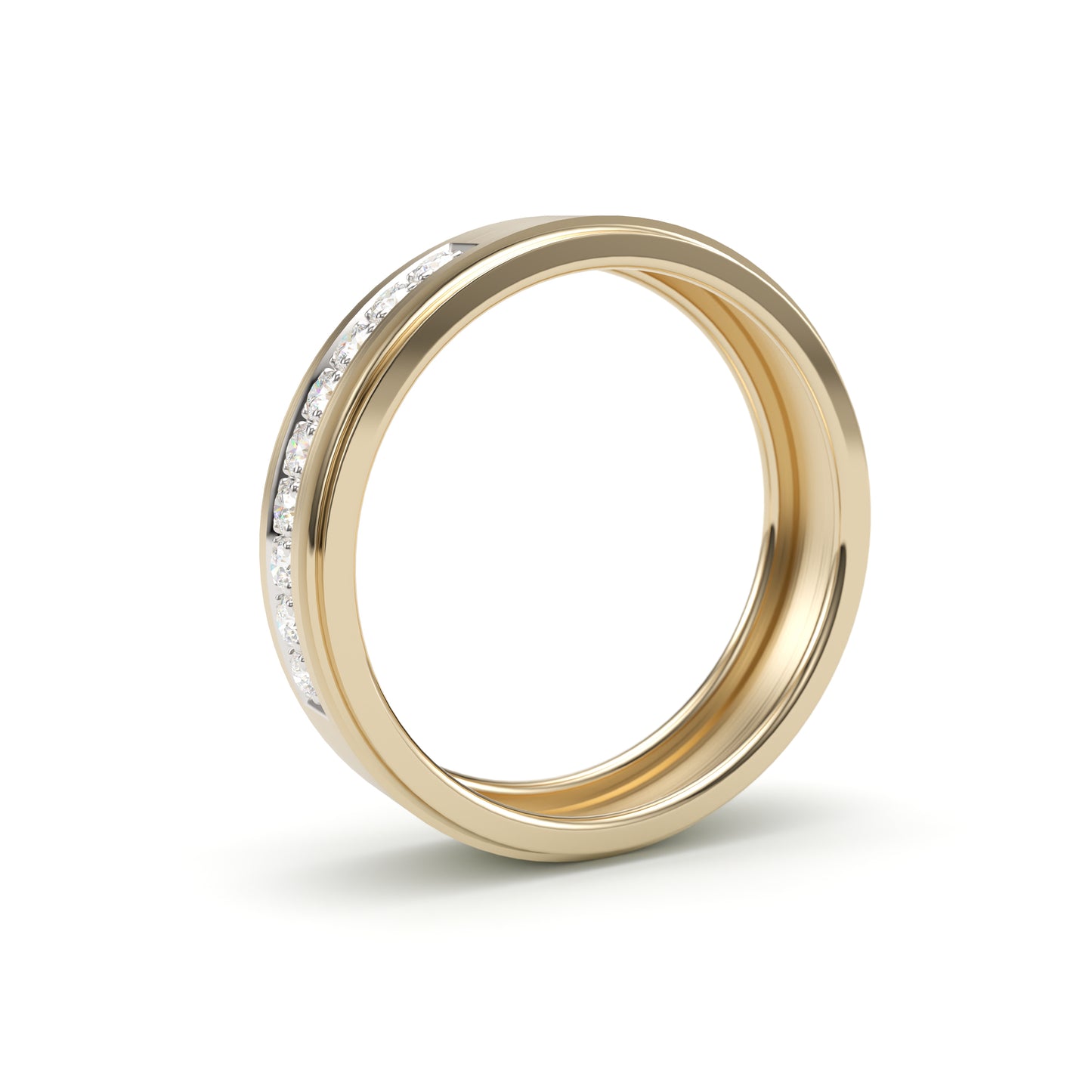 Solid Gold Wedding Band with diamonds. Two tone brushed top. Straight edge 6mm. Comfort light build.