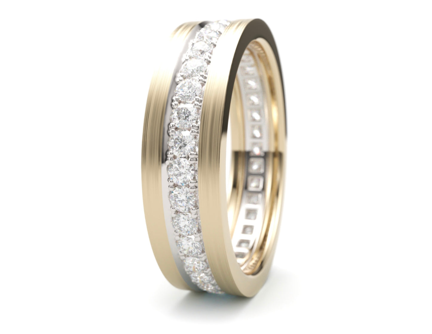 Solid Gold Wedding Band with diamonds. Two tone brushed top, polished edge. 6mm