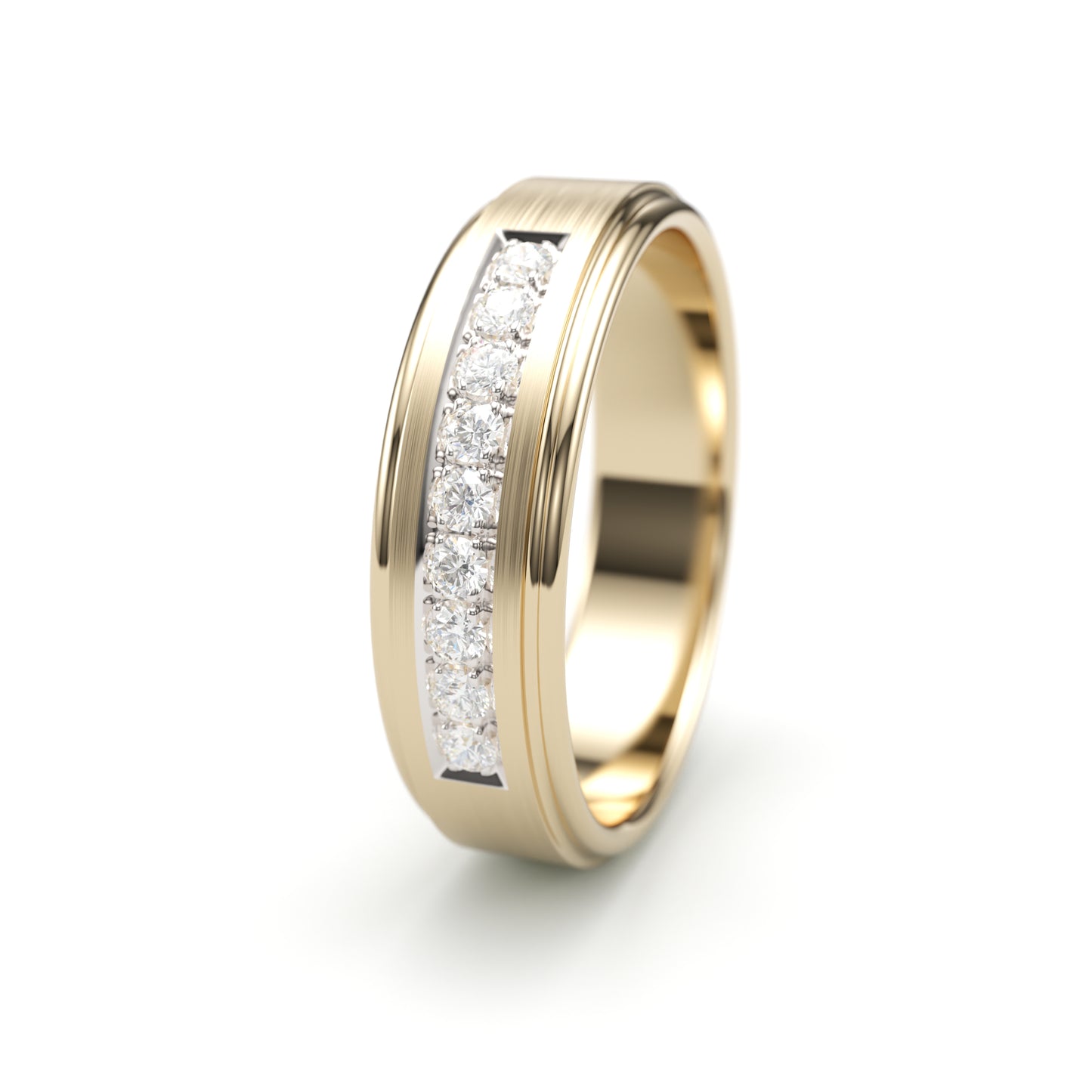 Solid Gold Wedding Band with diamonds. Two tone brushed top, rounded sculpted edge. 6mm